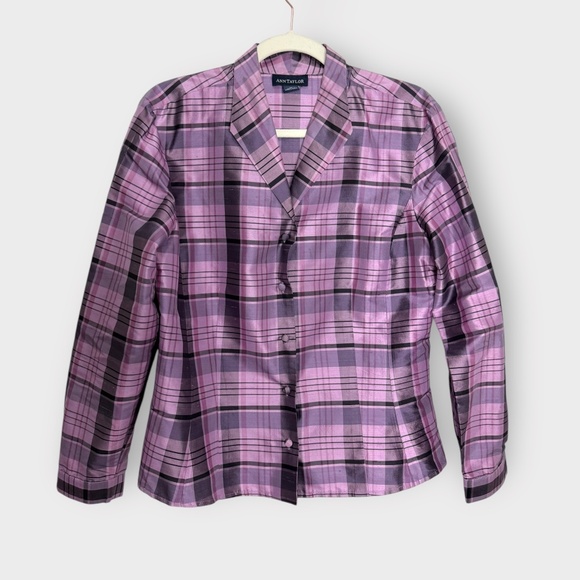 Vintage 1990s Ann Taylor Plaid Silk Button Down Purple & Pink Blouse - Picture 4 of 10